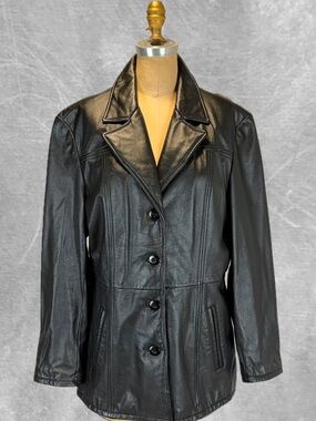 VINTAGE 90s Black leather coat women’s blazer style notched lapel button front